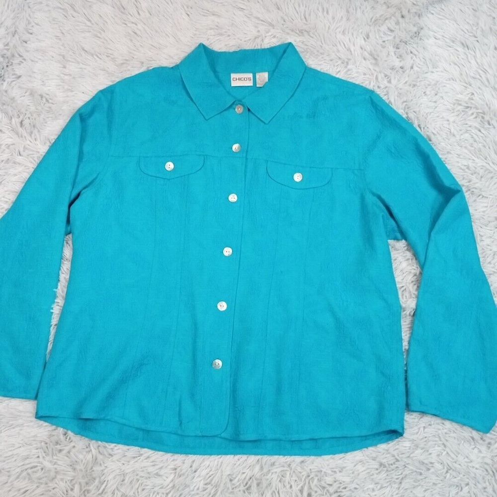 Vintage Chico's Shirt Womens Plus 3โ Blue Silk Blend Floral Career Lightweight